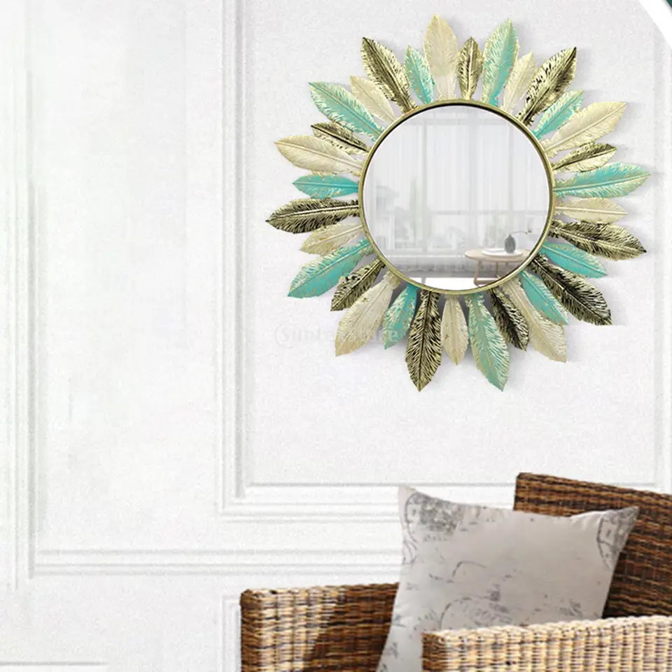 Iron Art Feather Mirror Decor Decor Boho make -up zrkadlové kruhu zavesenie zrkadla pre hotelovú spálňu obývacia izba kúpeľňa jedáleň