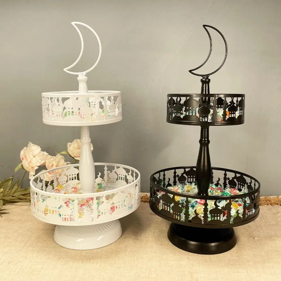 Iron Eid Mubarak večera tanier podnos Európsky mesačný hviezda Ramadan Candy Fruit Tray Drachable 2 vrstvy Candy Dezert Cake stojan stojan