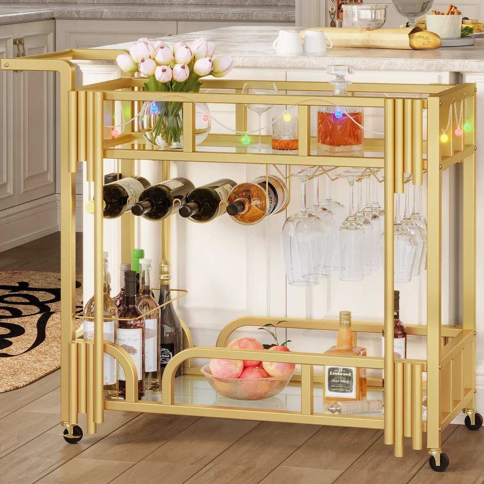 Ironck Bar Cart Gold, Domáce bar podávajúci vozík s LED žiarovkou a držiakmi na stojan na víno, 2 tvrdé sklenené police, do kuchyne, D