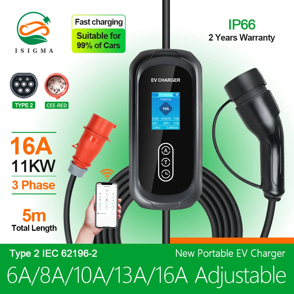 ISIGMA TYP2 16A 11KW Prenosná nabíjačka EV IEC62196-2 TUYA APP EVSE Nabíjanie 5M kábla typu2 zástrčka Wallbox pre elektrické auto