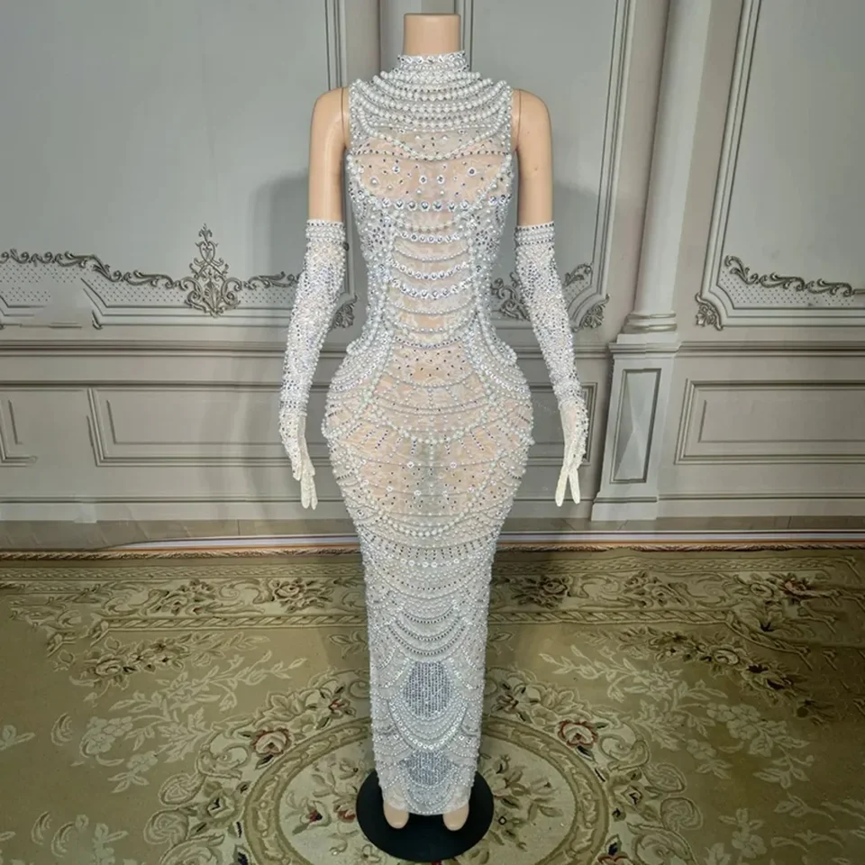 Iskrivé kamienky Elegantné večerné narodeniny oslavujú svadobné fotografické šaty šaty Pearls Dlhé šaty rukavice pre ženy
