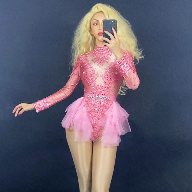 Iskrivé kamienky ružové čipky BodySuit Ženy s dlhým rukávom narodeninové oslavy Outfit Dance kostým sexy show predstavenie pódium Wear