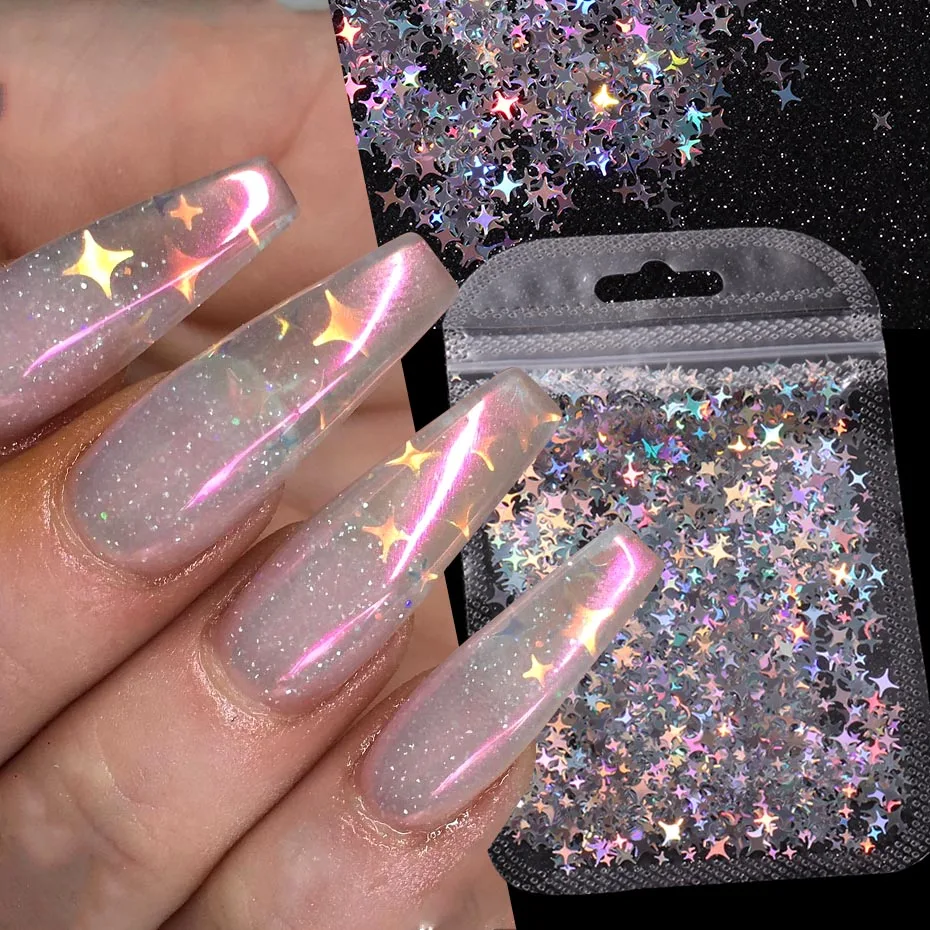Iskrivé laserové hviezdne nechty trblietavé flitre Holografické strieborné jasné plátky Spangles DIY Charm vločky dekorácie doplnky paillety