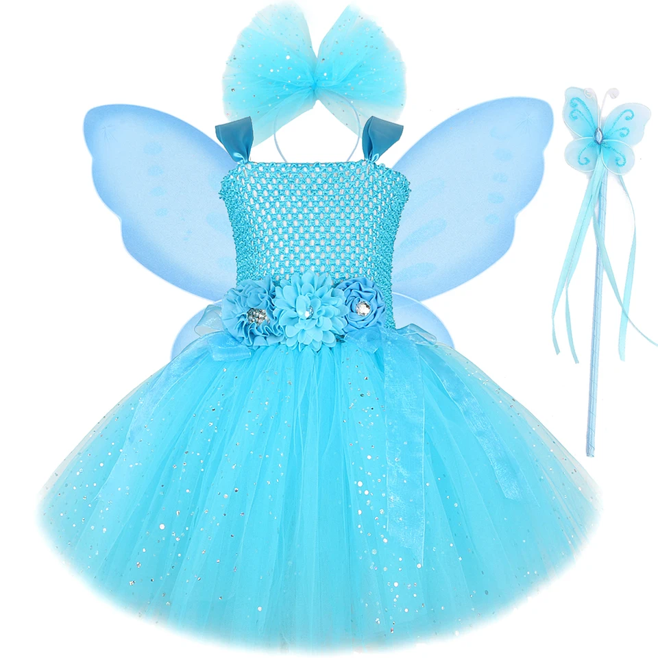 Iskrivé tyrkysové modré víly kostýmy pre dievčatá Halloween víly princezné šaty Tutu outfit s motýľmi krídlami motýľmi krídla