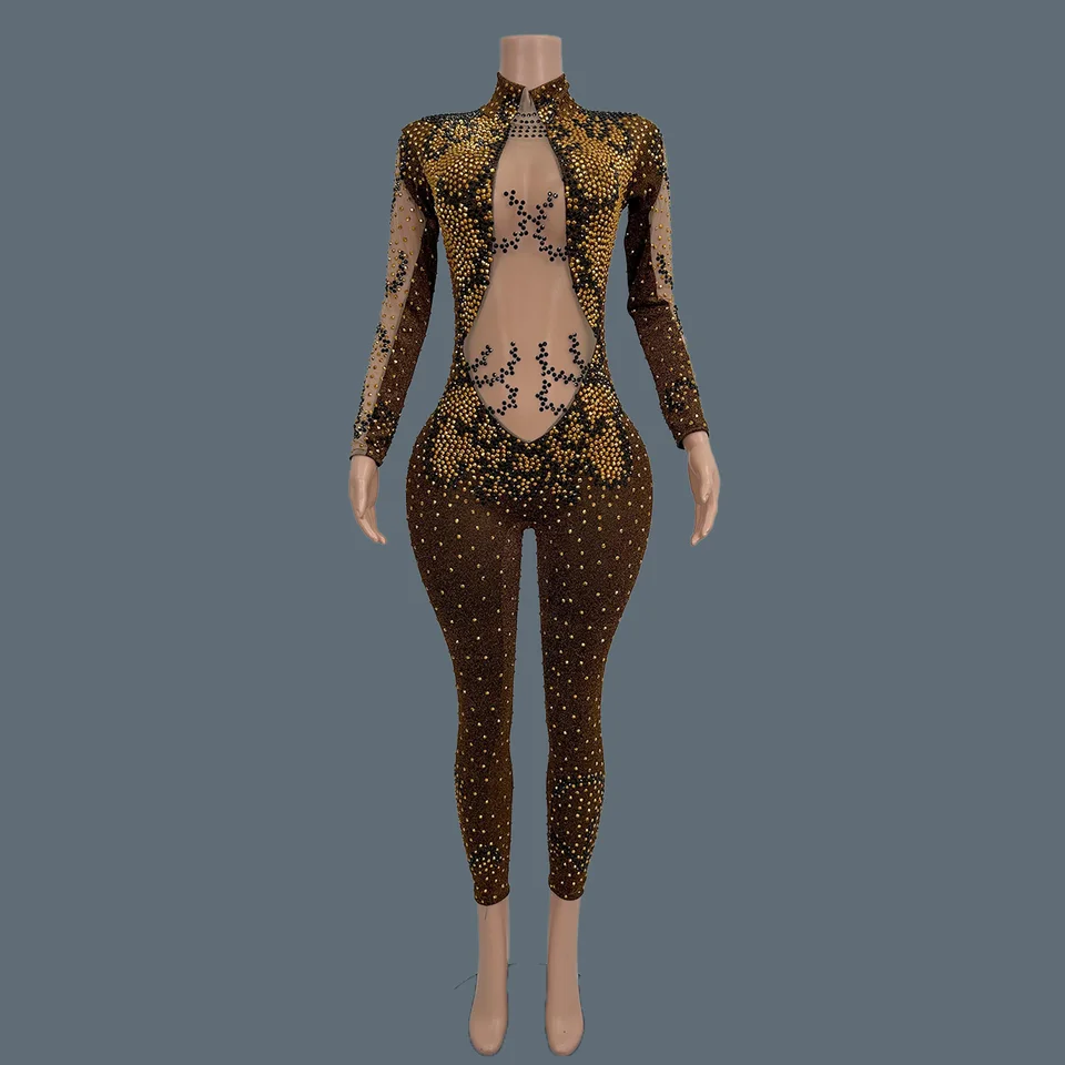 Iskrivé zlaté kamienky kombinézy Bodycon spandex mriech luxusné pódium Performance Club Party Show Wear pre ženy tuhaojin