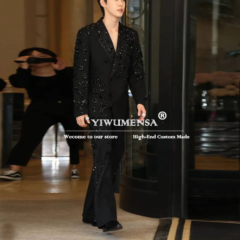 Iskrivý čierny kamienok muži obleky pre svadobné prom ženích 2 kusy súpravy Prom Blazers Male Tuxedos Prispôsobené Traje de hombre