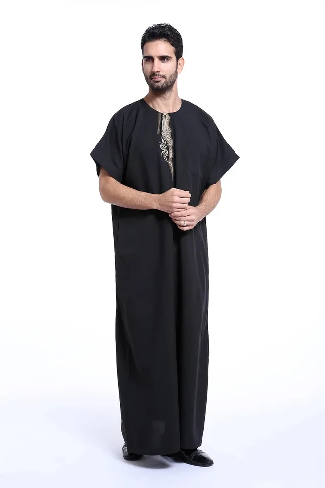 Islamské saudské rúcho kaftan thawb muži Moslimské posádky krk výšivky Dubaj dlhé abaya ramadan Thobe Arábia Krátke rukávy šaty kaftan