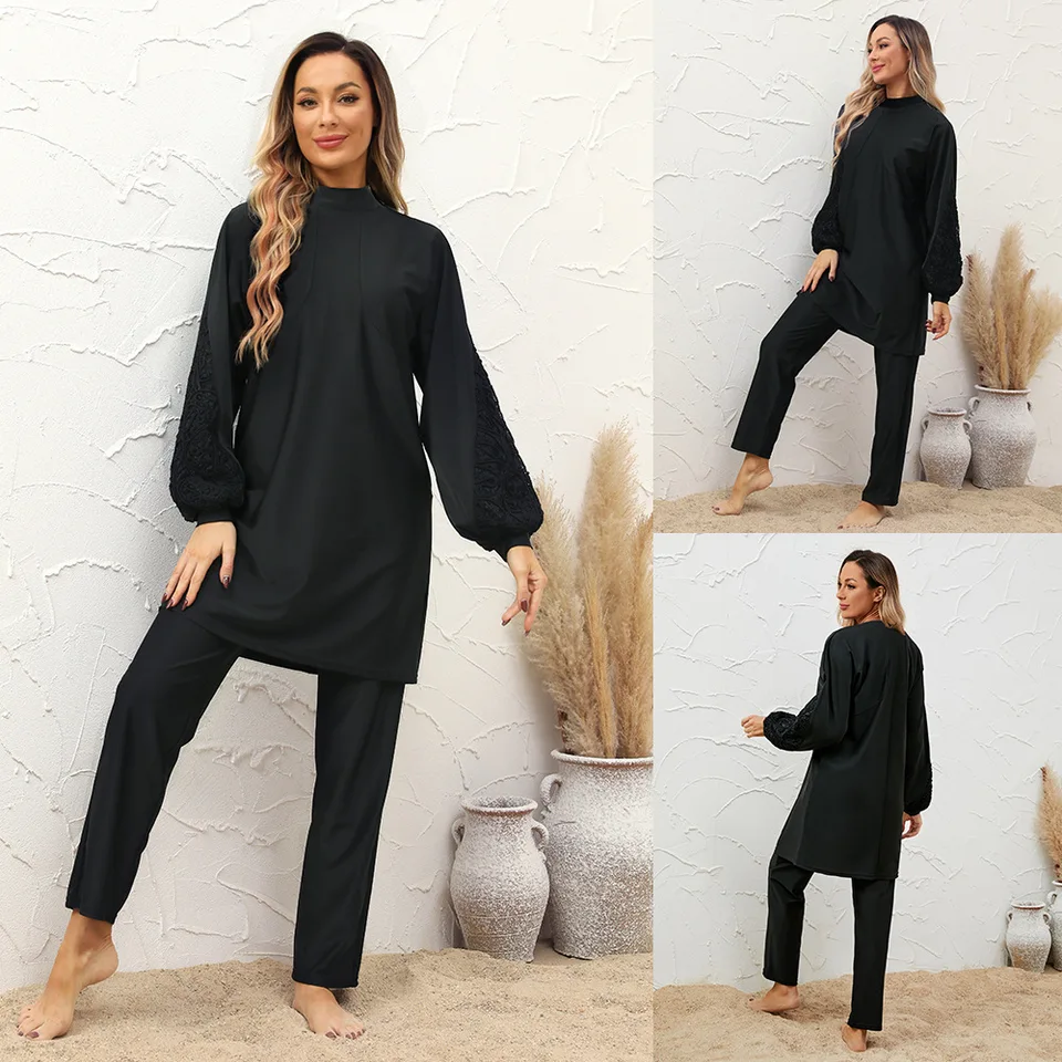 Islamské ženy Moslimské plavky Dlhé šaty a nohavice burkini plavky skromné ​​plávanie Surf Wear Sport Full Suit Swimming 3 kusové súpravy