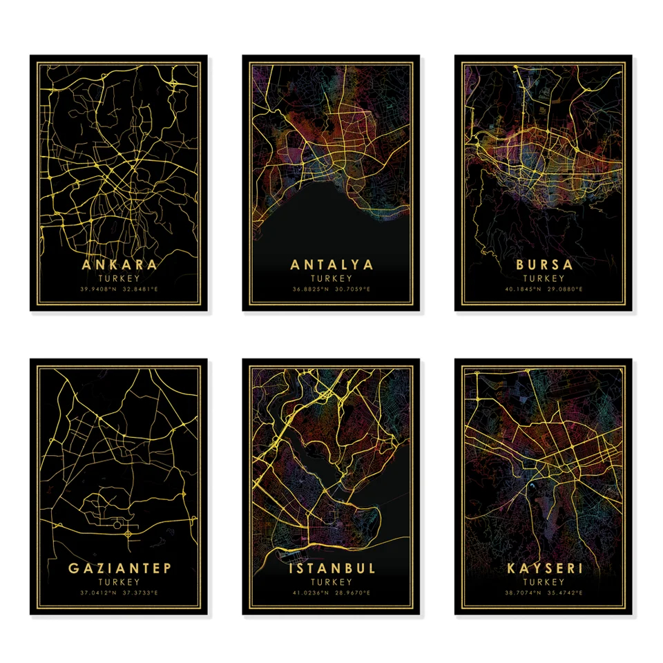 Istanbul Antalya Konya Ankara Gold Roads Rainbow City Map mapa Turkera Turecko plagát plátno nástenné umenie Čierne obrázky pre obývaciu izbu