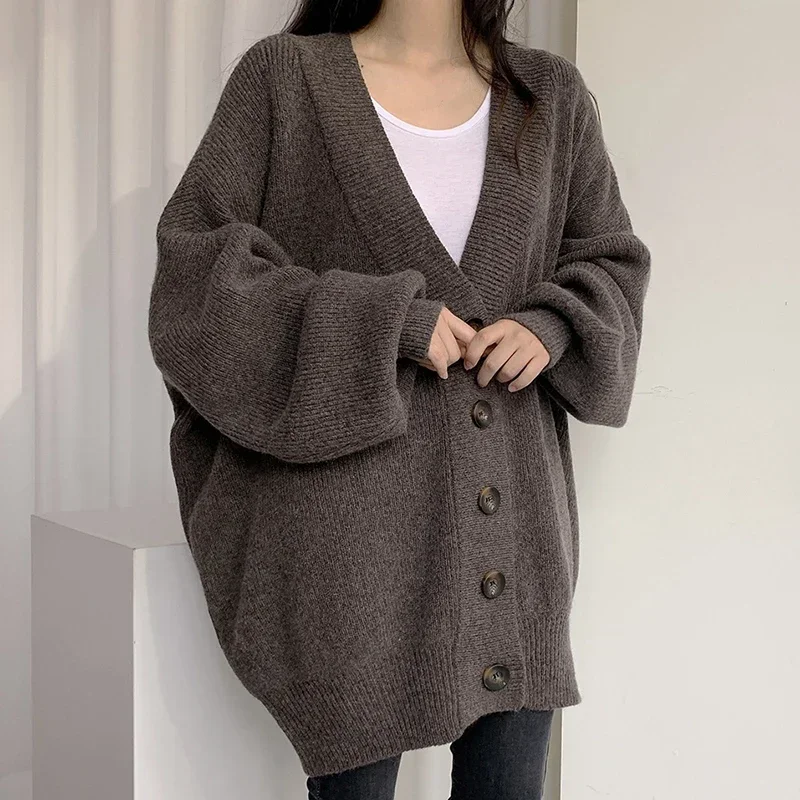 Itoolin Dámske gombíky V-krstné tlačidlá Uprého teplého sveter Swargan Lantern Rukáv Knit Office Sweater Coat Loose Loace Sveter Fall Winter Winter