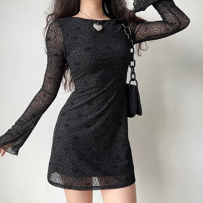 Itoolin jesenné ženy čierne kvetinové tlačené šaty O-krk dlhý rukáv s lomom krk sexy mini šaty Kancelária Elegantné šaty pláž Vestido
