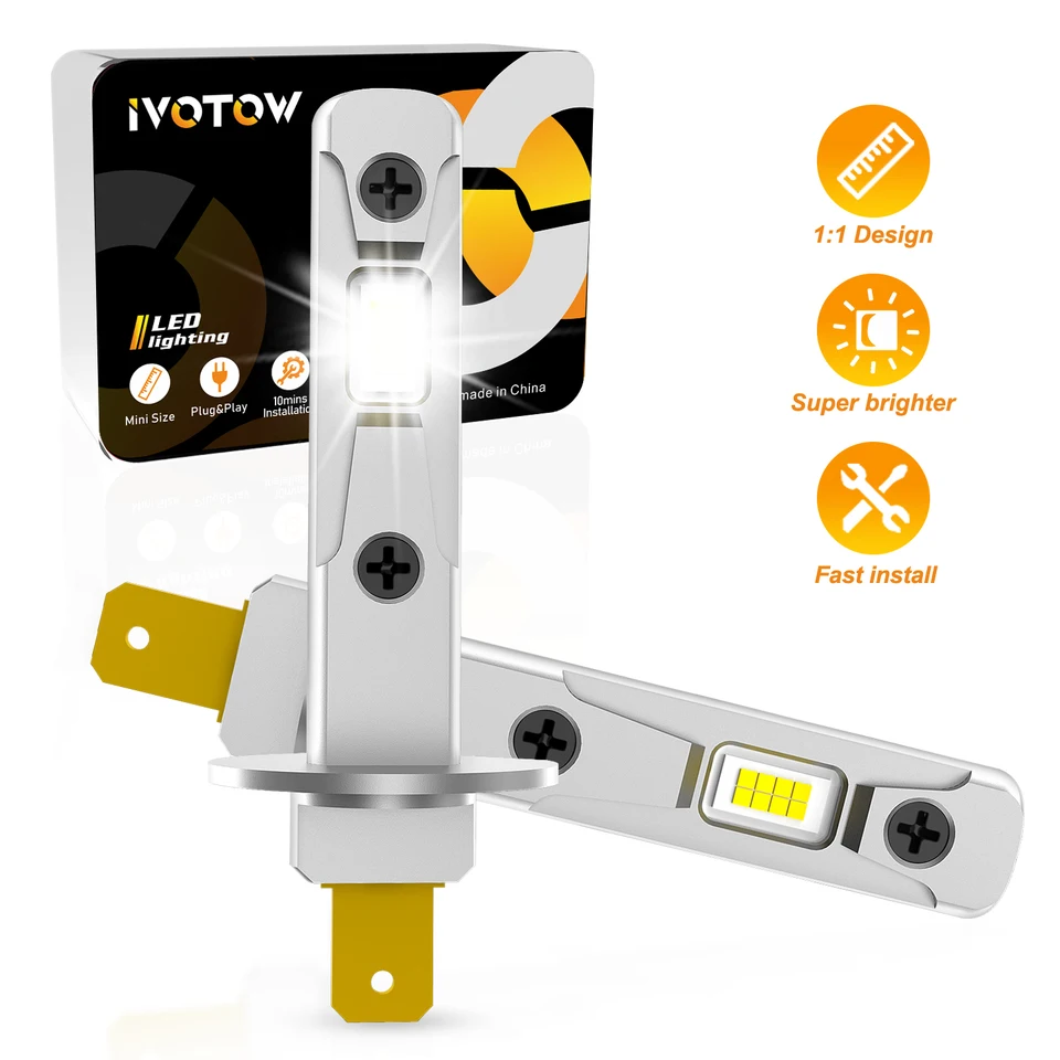 Ivotow 2pcs Chyba Free H1 LED žiarovka 1: 1 Mini veľkosť Žiadny adaptér pre LED svetlo LED ACON 6500K biely 16 ks CSP 7035 čipy F F