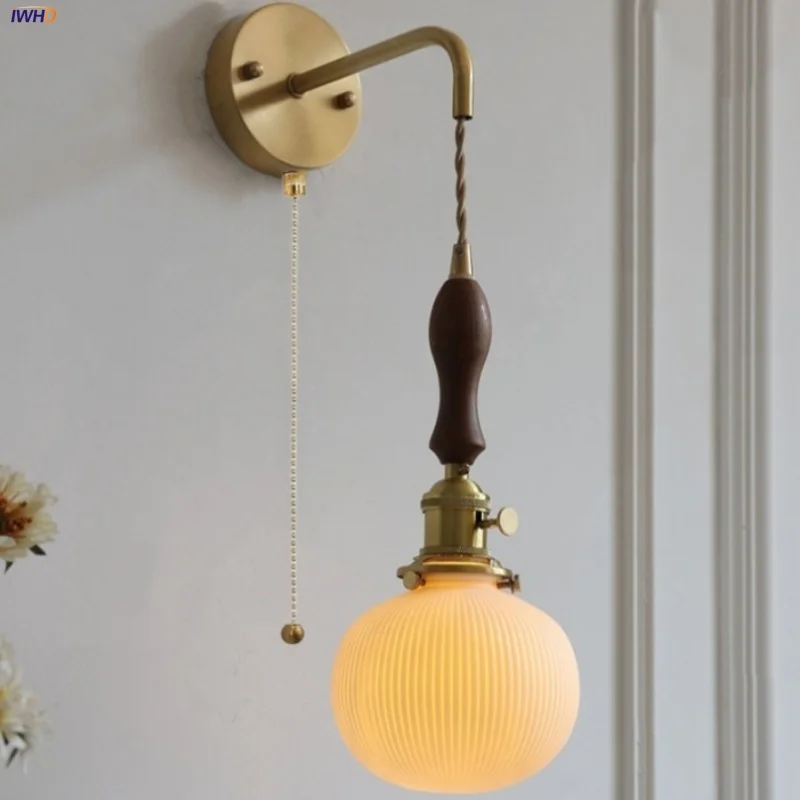 IWHD Walnut Wood Led Wall Lamp Svätá reštaurácia kuchyňa Nordic Modern Copper Pull Switch Switch schodité svietidlá svietidla svietidla