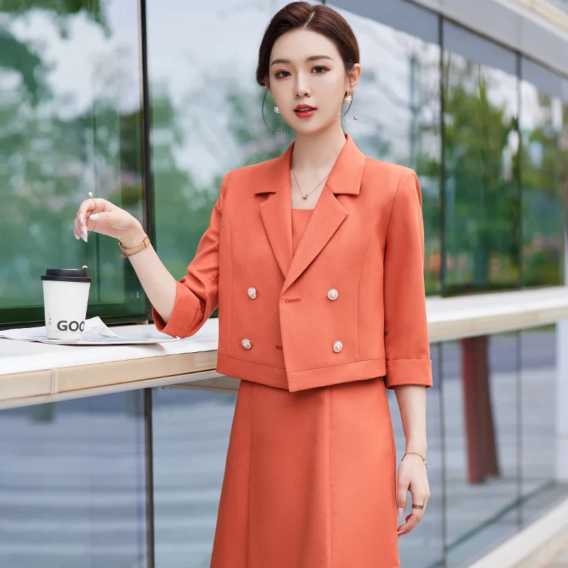 Izicfly jar leto nový štýl oranžový elegantný neformálny kancelársky prácou Wear pre dámske bunda Business Uniformy Half Blazer Dress Sety