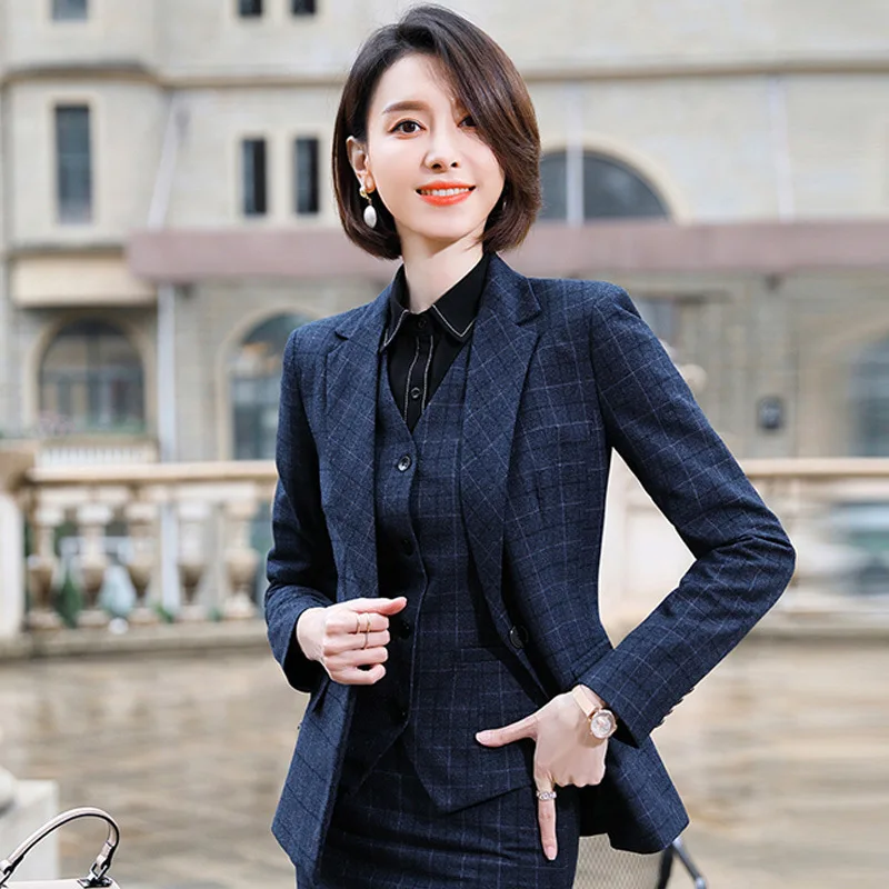 Izicfly jesenná jarná jarná profesionálna kockovaná jednotná obchodná súpravy s nohavicami Slim Office Blazer Set for Women Work Wear-1 kus