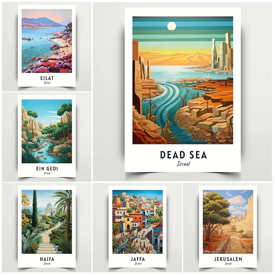 Izraelský cestovný darček Akko Caesarea Eilat Mŕtve more Ein Gedi Jaffa Jeruzalem Travel Tlat Wall Art City Plagát a domáci výzdoba