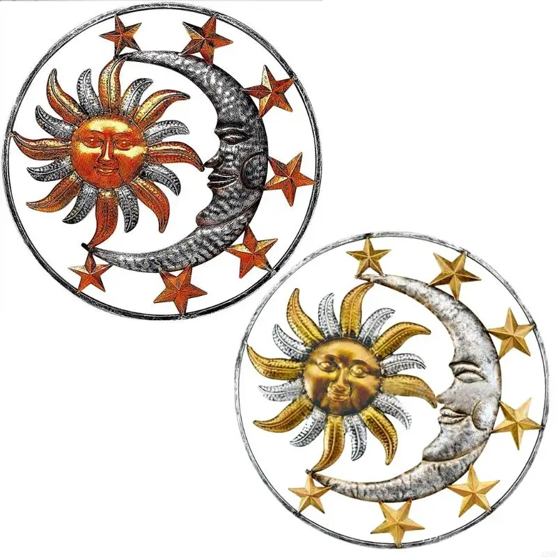 J2HB ručne vyrobená pre Sun Moon Face Socha socha kovové nástenné umelecké ozdoby pre záhradu