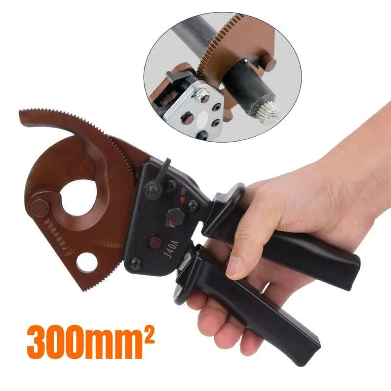 J40A Ratchet Cutter Max 300 mm² Manganese oceľový rezací drôtový nástroj Cu/ALU kábel Elektrický klenot na rezanie drôtu