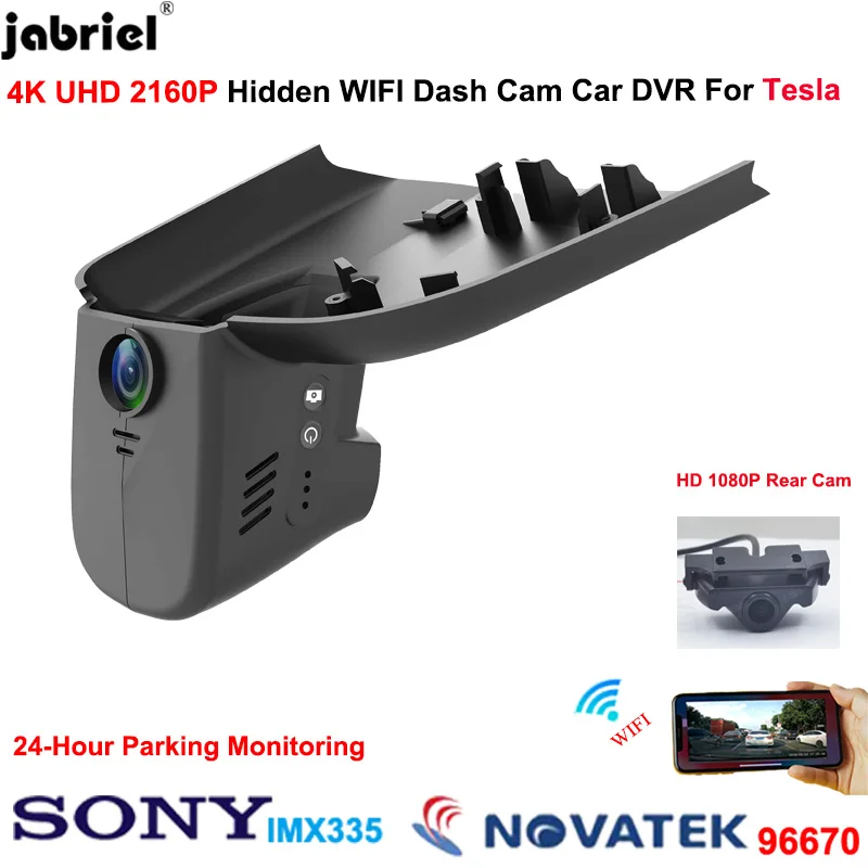 Jabriel 4K 2160p WiFi Car DVR DVR DVR Dld Dash Cam Camer a zadná kamera 24H Video rekordérový registrátor pre Tesla P85 PSX 2014 2015 2015 2016