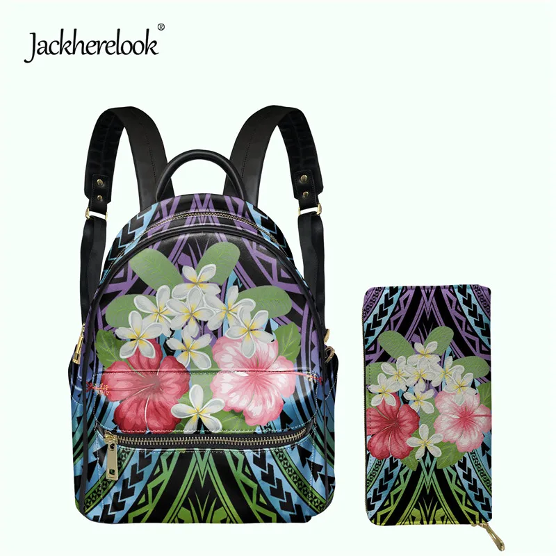 Jackherelook Dámsky batoh Plumeria Hibiscus Polynézsky vzor Ženy Satchel Coin Purse 2pcs/Set Pu Leather Wallet Schoolback