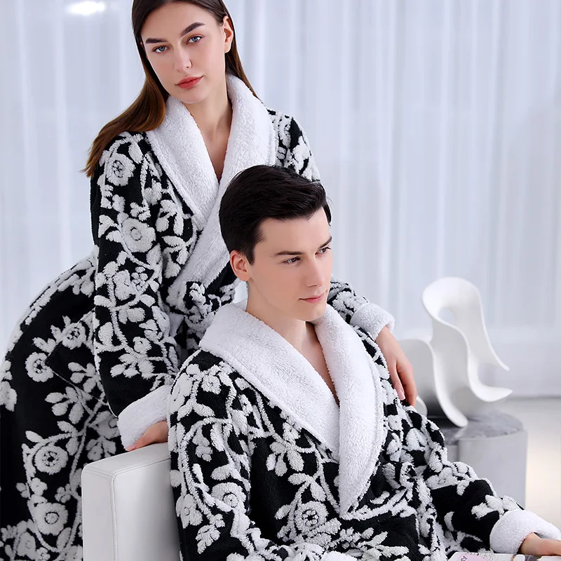 Jacquard dvojvrstvová vrstva Zhusťuje župany a muži spánok zimné teplé nočné košele koralové fleece milovníkov prádla spodná bielizeň