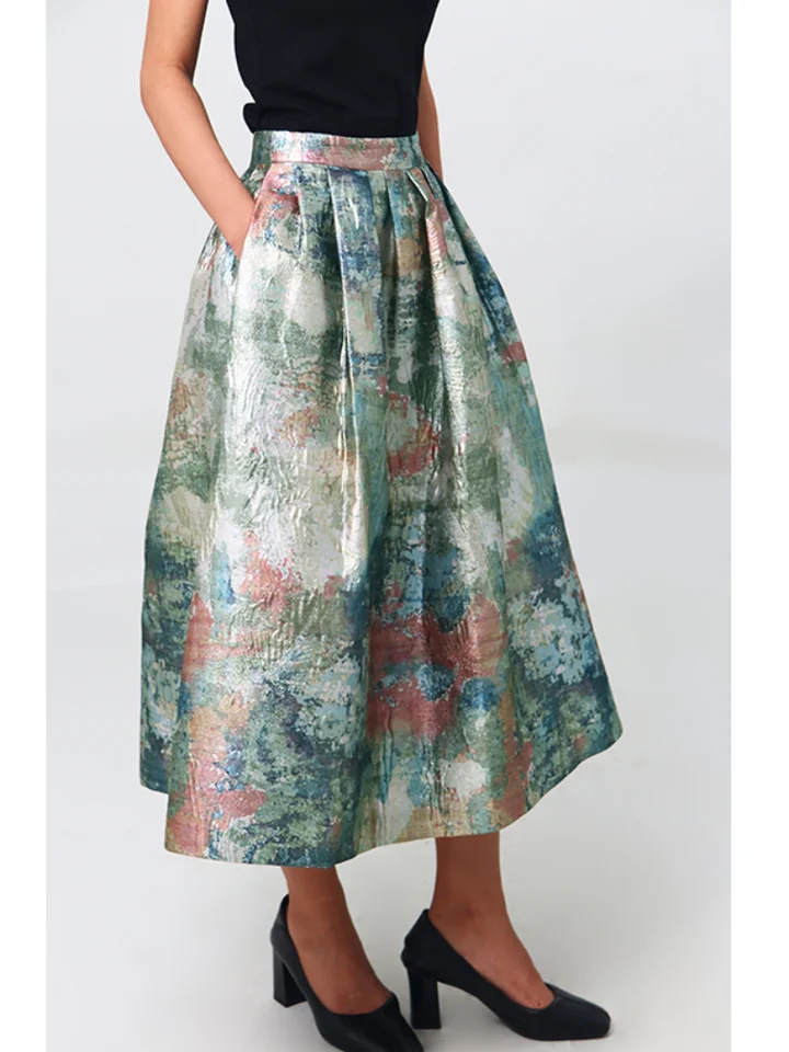 Jacquard tkané zlaté olejomaľba v štýle sukňa Puffy Vintage Elegant Blossom výšivka vysoký pás s dlhou sukňou Žen