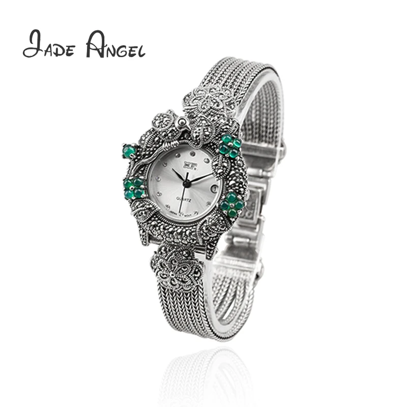 Jade Angel Real 925 Sterling Silver Wheat Chain Watch Watch for Women Thajsko Vintage Synthesis Synthesis Green Onyx Marcasite