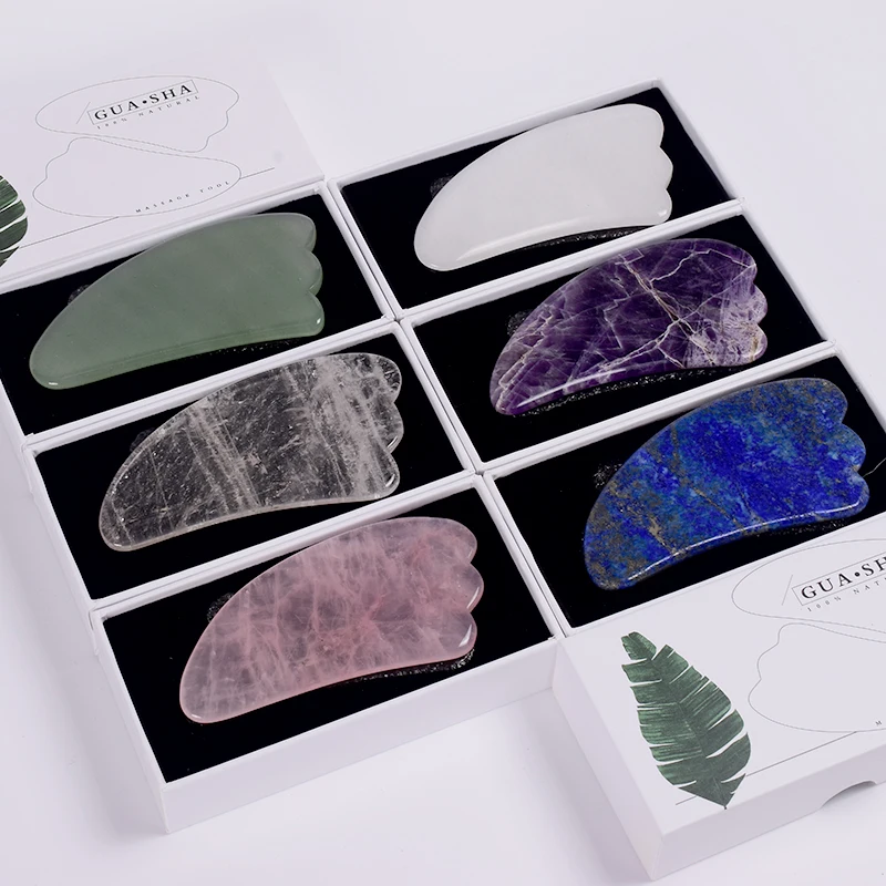 Jade gua sha náradia sada starostlivosť o tvár Massager Prírodný ružový kameň kryštálová masážna krk Beauty Body Tradičné kúpele Healing Health