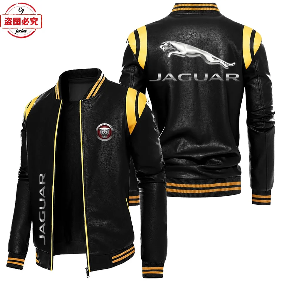 Jaguar Car Logo Supercar Retro Wased Pu Kontrastná kožená kožená bunda WindoProof Pánsky jesenný a zimný zamat, aby sa udržal v teple