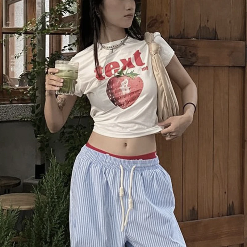 Jahodové tlač estetické vintage ovocné elegantné košele Ženy Kórejské populárne dospievajúce oblečenie módne uličky Ženské tričká