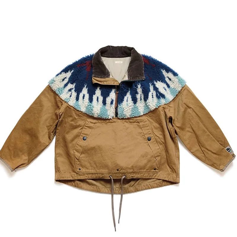 Jahňacie fleece zostrihá polovičný vysoký golier nákladný bunda Men Autumn a Winter Casual Lumen Fluffy Fleece Coat Male