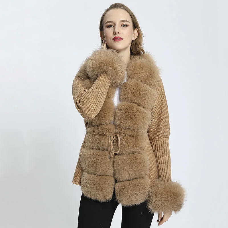 Janefur Wool Cardigan Luxury Women 2024 Real Fox Fur Tink Cuffs Knit Sweater Custom Fashion Sexy pletenýwear y2k