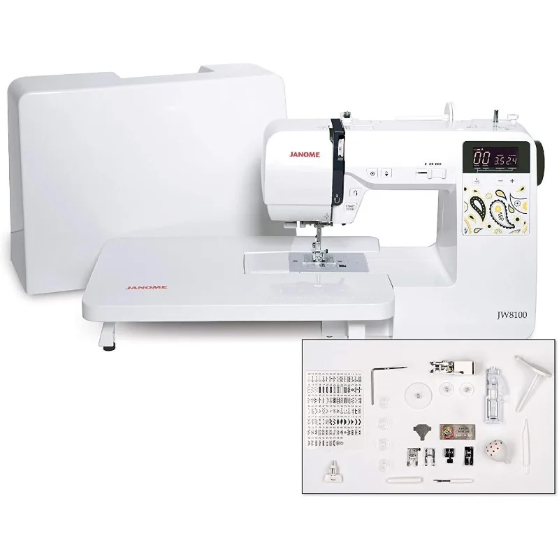 Janome JW8100 Plne vypracovaný počítačový šijací stroj so 100 stehmi, 7 gombíkovými dierkami, tvrdým krytom, predlžovacou tabuľkou a 22