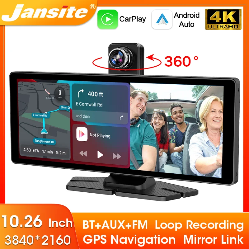 Jansite 10,26 palca 4K Dash Cam 360 ° Rotate CarPlay Android Auto Car DVR WiFi GPS navigácia 24H Park Monitor Video Recorder BT
