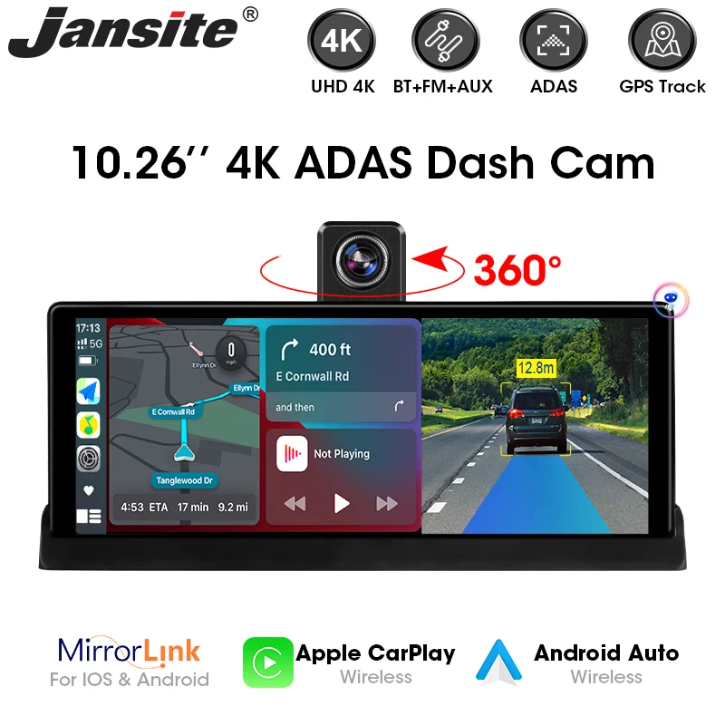 Jansite 10,26 palca ADAS 4K Dash CAM 360 ° Rotate šošovky bezdrôtovo CarPlay Android Auto CAR DVR WiFi GPS navigačné video rekordér BT
