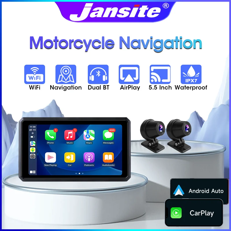 Jansite 5,5 palca 2K Motocykel prenosný navigačný GPS CarPlay Android Auto IPX7 nepremokavá motorka CarPlay Moto Monitor WiFi