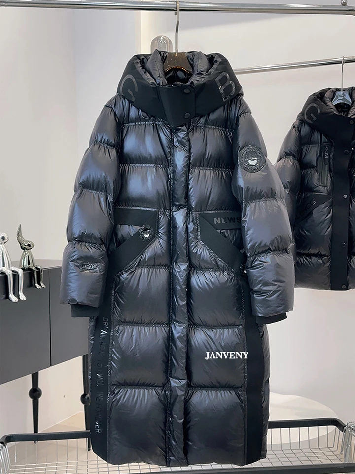 Janveny 2024 módne čierne zlato dĺžka kolena dĺžka Puffer Coat Dámske kapucňa Zhruba leskla 90 biela kačica dole vodotesná parka