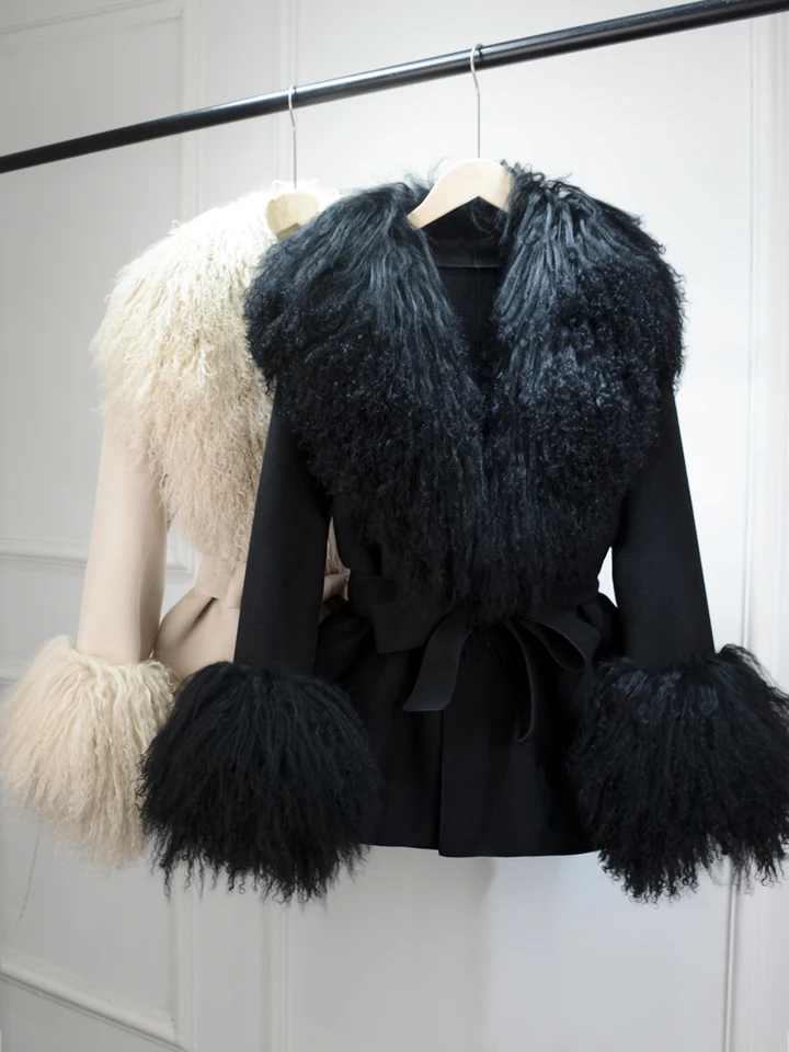 Janveny 2024 Skutočný kožušina Jeseň zimná bunda Ženy 100% prírodné mongolské ovce s kožušinami Cashmere Wool Mess