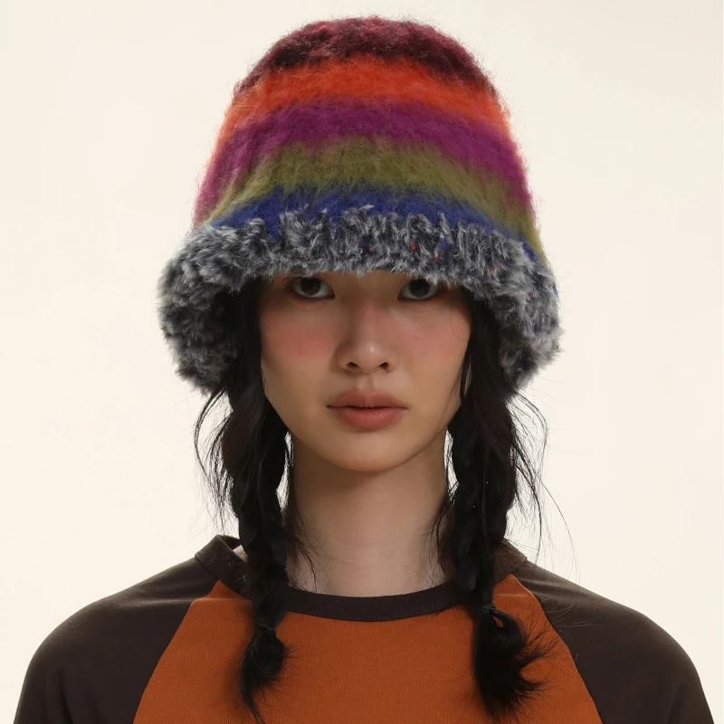 Japonec nový gradient vlna vintage farebné pruhy čiapky Ženy ručne vyrobené háčkovanie čiapky hrubé teplé pletené klobúky zimné vedro klobúk