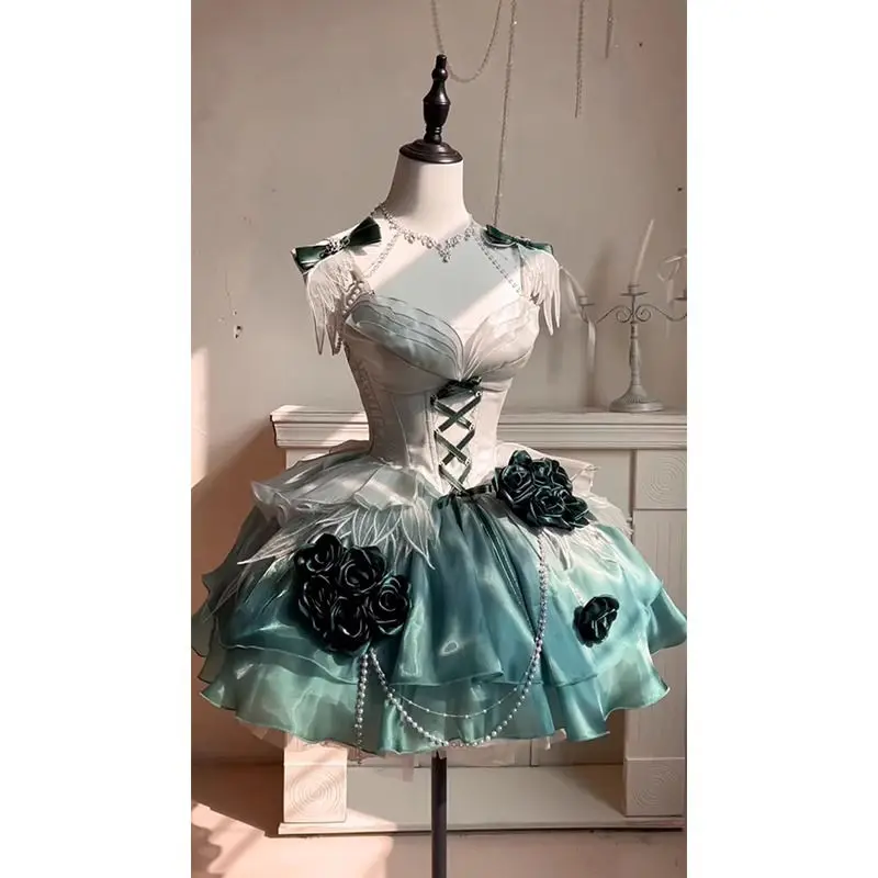 Japonsko elegantné ušľachtilé Amber Green Short JSK šaty kvetinové svadobné narodeninové šaty ťažký priemysel koncová princezná sukňa lolita