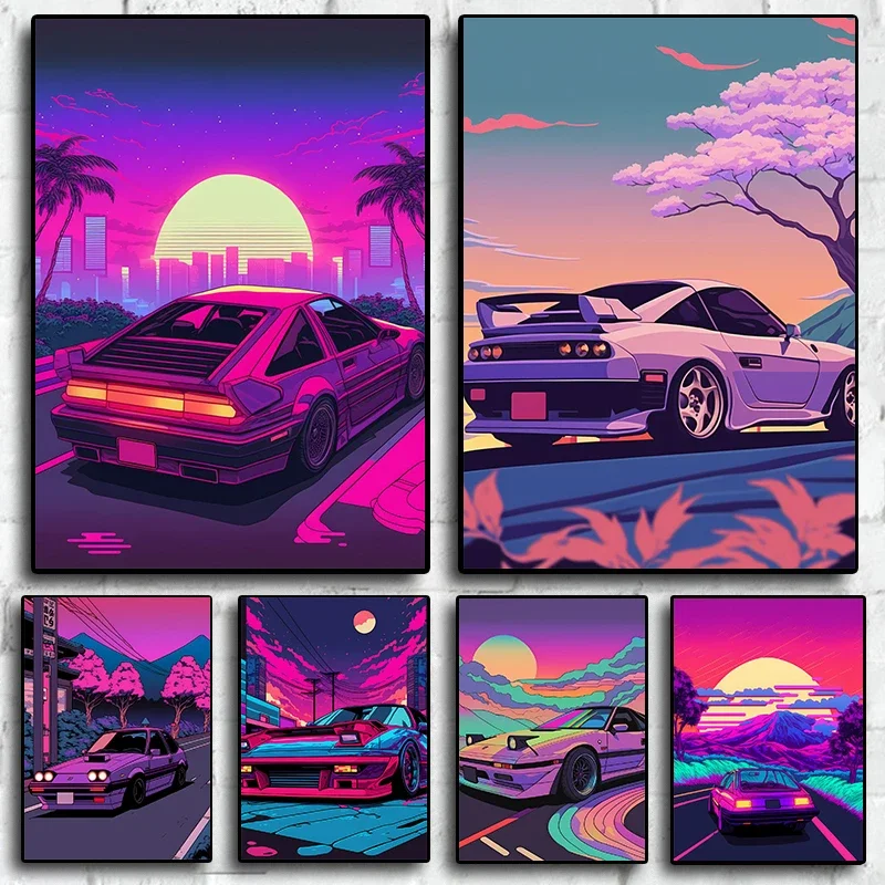 Japonsko JDM Neon Cyberpunk Car Plagát estetika AE86 GTR City Street Ilustration Canvas maľba nástenná umelecká izba
