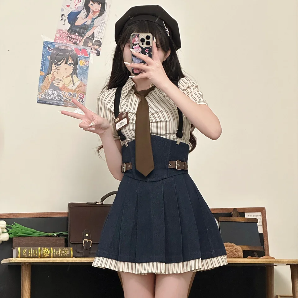 Japonsko JK PREPPY STYLE All-Match Striped Print Patchwork Mini šaty 2024 Nové letné dámske ulice y2k harajuku ulzzang šaty