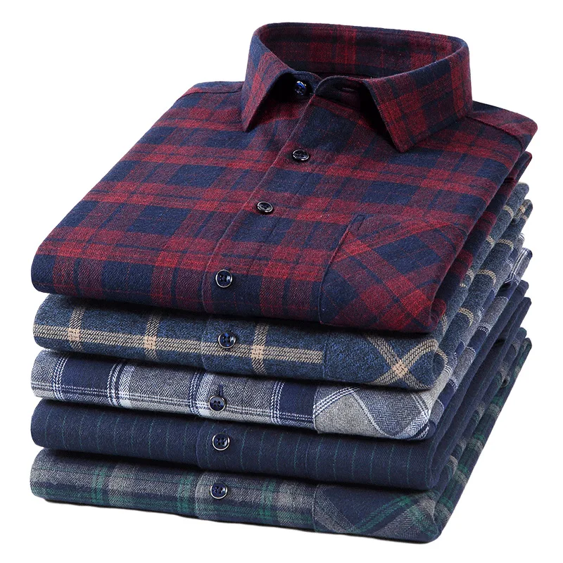 Japonská a kórejská 100% čistá bavlnená kockovaná košeľa flanel košeľa retro neformálne kefovanie Plaid Moderné tričko s dlhým rukávom
