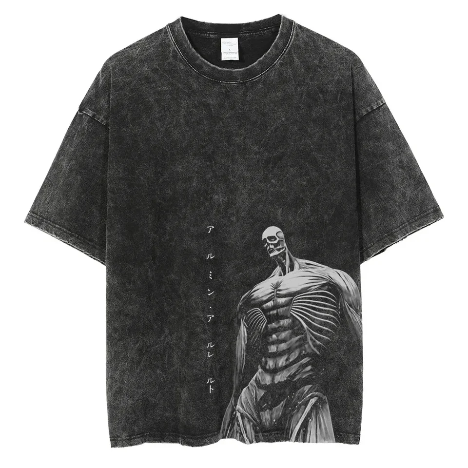 Japonská anime grafická tričko Čierne umývané tričko Streetwear Men Letný krátky rukáv Top Harajuku Cotton Vintage Cireed Tee
