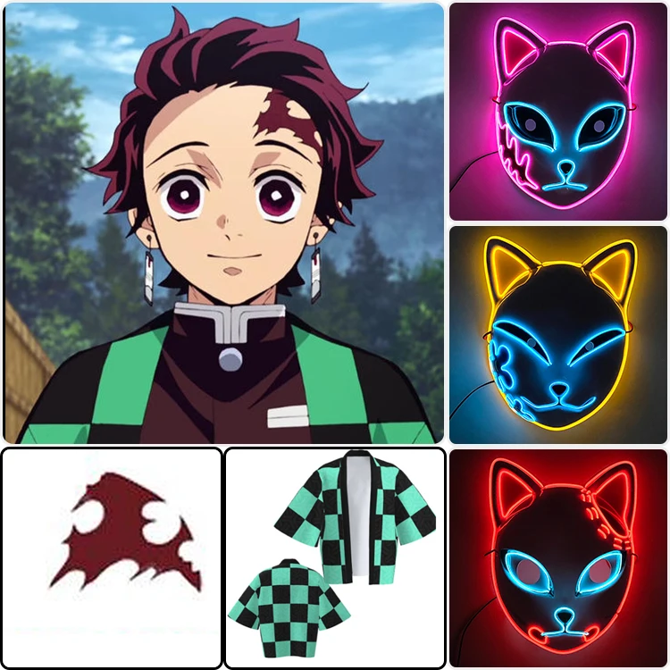 Japonská anime LED žiariaca maska ​​Funny neon démon Slayer Masky Tanjirou oblečenie pre cosplay maškarádu dekorácie kostýmové rekvizity