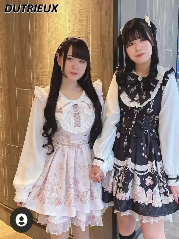 Japonská baňa sladké dievčatá tlač klopný golier pás s dlhým rukávom top + leggings šortky dva kusové súprava oblečenia Ženské šaty