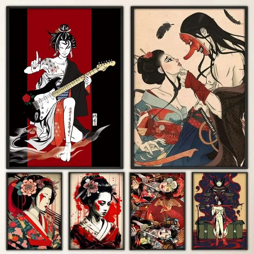 Japonská geisha plátno umenia plagát Vintage výtlačky umelecká maľba domáca maľba kúpeľňa kuchynské barové doplnky Nálepka na stenu malá veľkosť