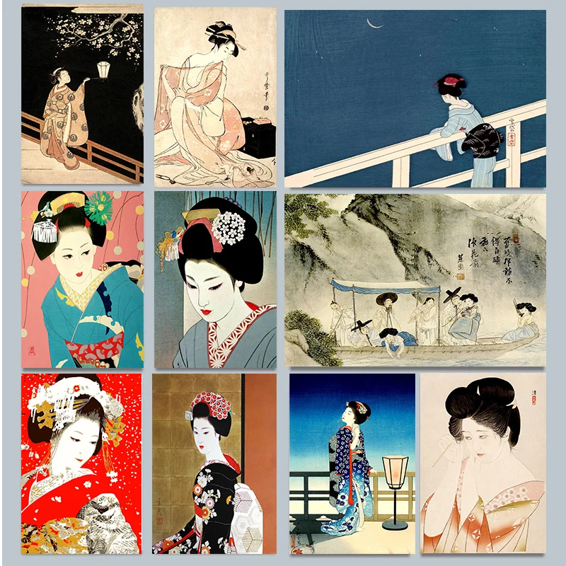 Japonská gejisha kimono ázijská kráska žena plagát tlač na nástenné umenie obrázky maľba maľba obývacia izba spálňa domov dekor darček