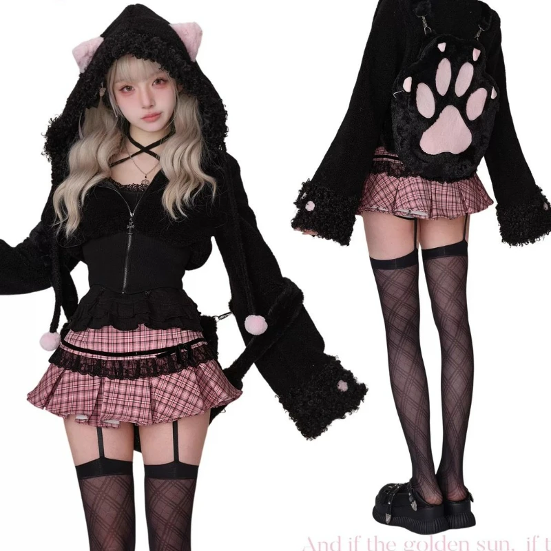 Japonská gotická y2k lolita 3 -kusová sada žien Harajuku uší s kabátom s kabátom lambwool pikanované mini sukne kawaii zimné oblečenie