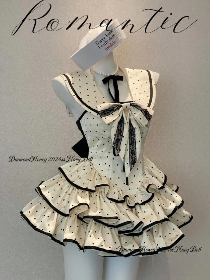 Japonská gotická y2k lolita šaty Wome Preppy štýl Polka Dot Print Sailor Golier Backless Šaty Dievčatá elegantné elegantné šaty 2024